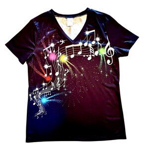 Music Note Graphic Top Size L Black Short Sleeve Performance Tee V Neck